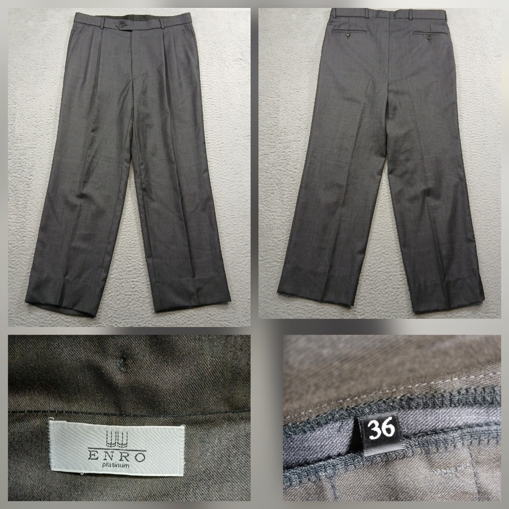 Enro Platinum 100% Wool Pleated Dress Pants Mens 36 Gray Lined Cuffed EUC‎
